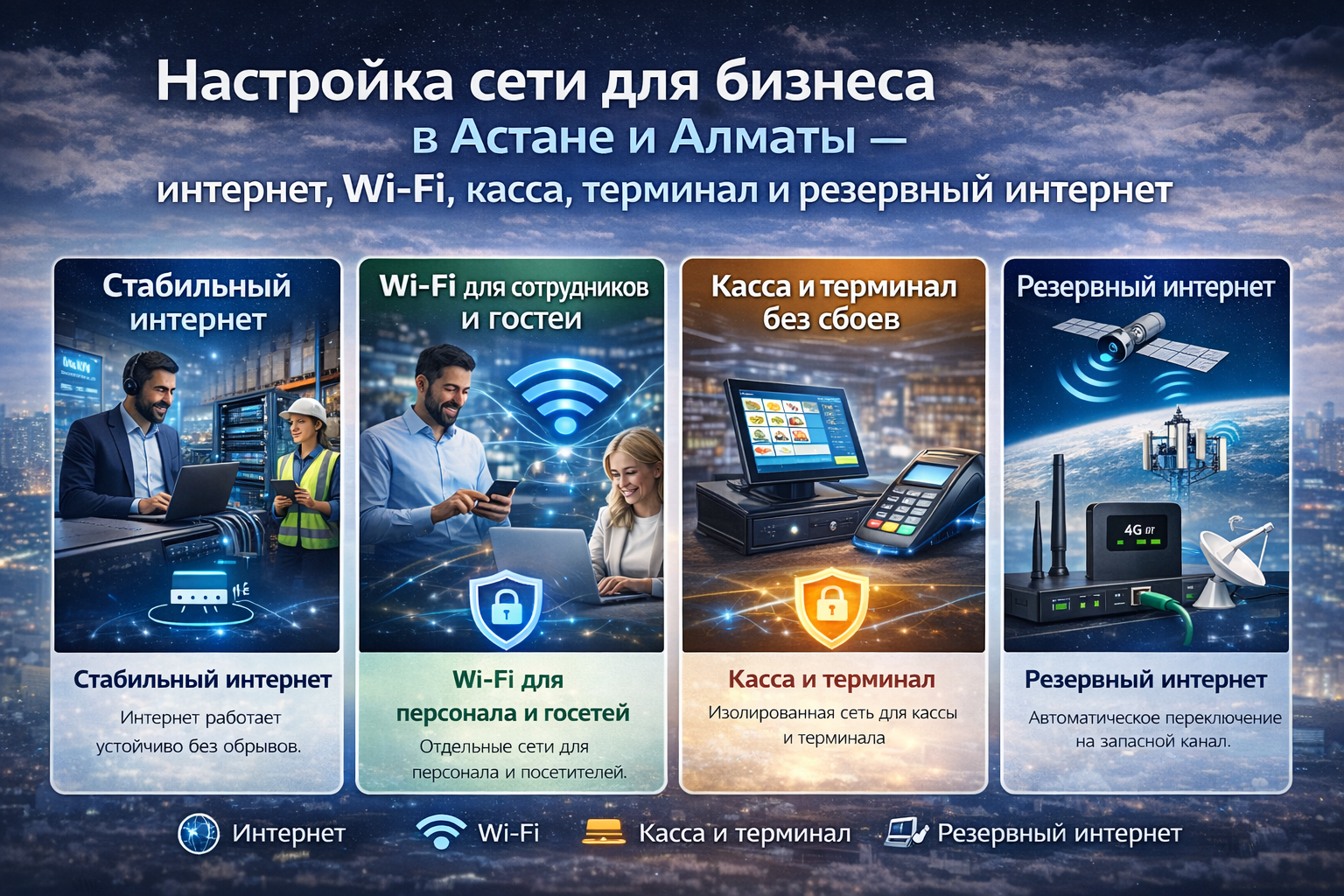 Настройка сети для бизнеса в Астане и Алматы — интернет, Wi-Fi, касса, терминал и резервный интернет