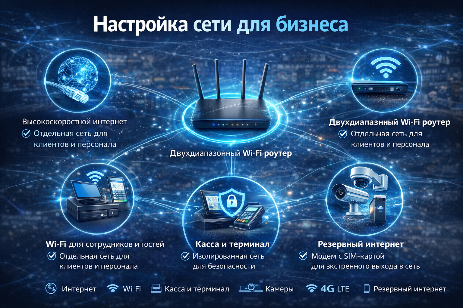 Инфографика: настройка сети для бизнеса — интернет, Wi-Fi, касса, терминал, камеры и резервный интернет
