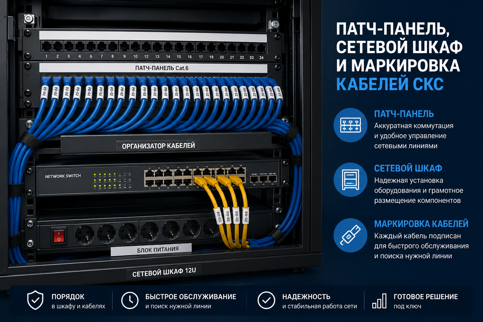 Патч-панель, сетевой шкаф и маркировка кабелей СКС