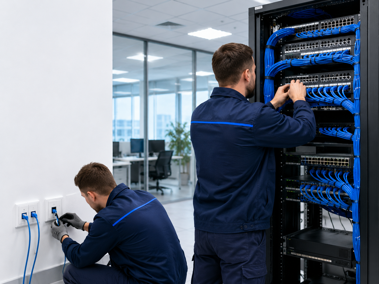 Монтаж СКС и локальной сети в офисе, подключение интернет-розеток RJ45 и настройка сетевого шкафа