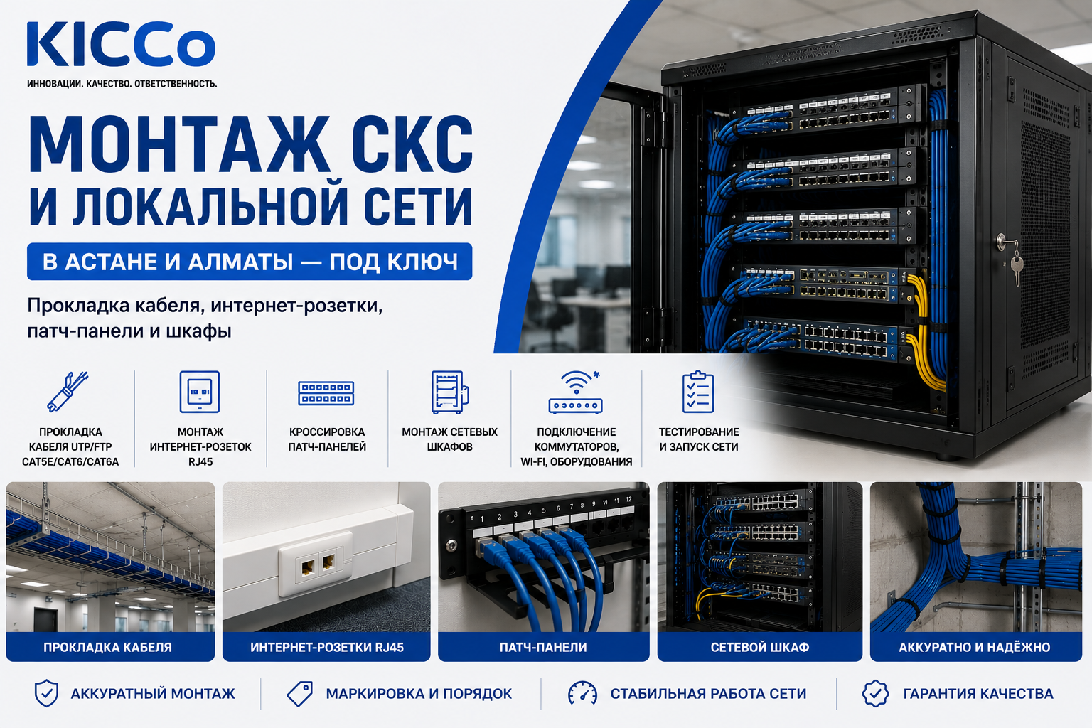 Монтаж СКС и ЛВС в Астане и Алматы, установка локальной сети, розетки RJ45, патч-панели и сетевые шкафы