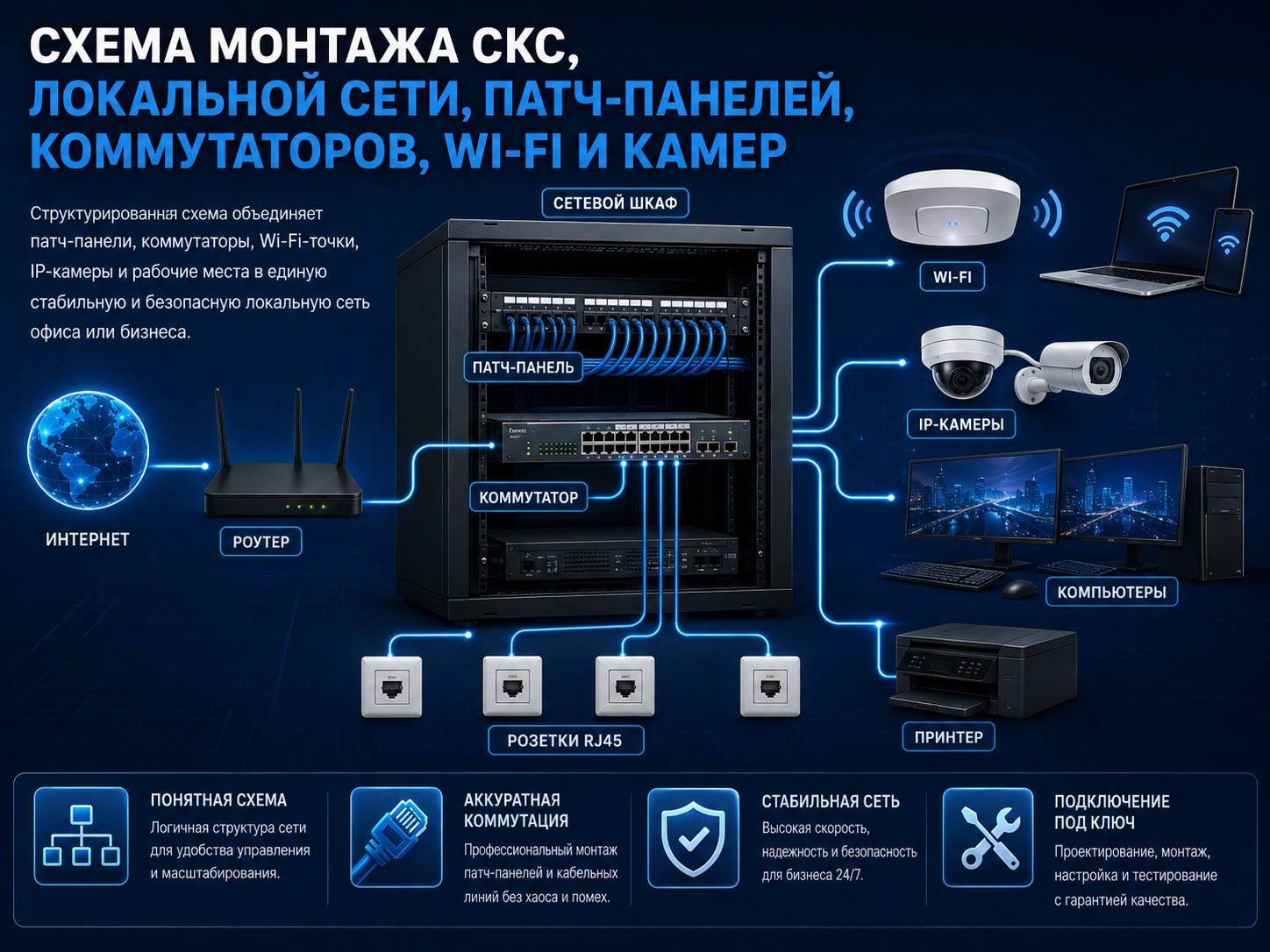 Схема монтажа СКС, ЛВС, локальной сети, патч-панелей, коммутаторов, Wi-Fi и камер