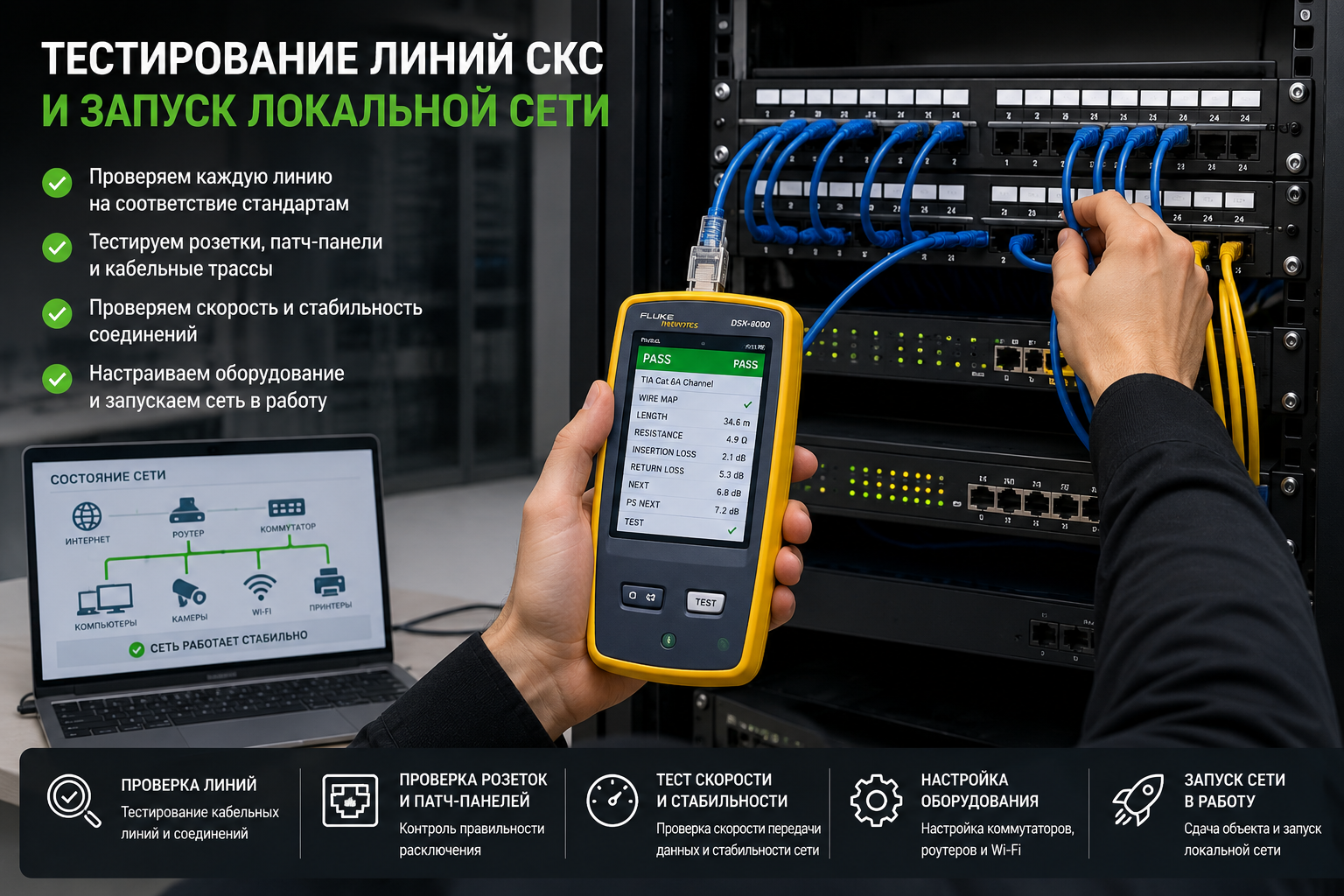 Тестирование линий СКС и запуск локальной сети