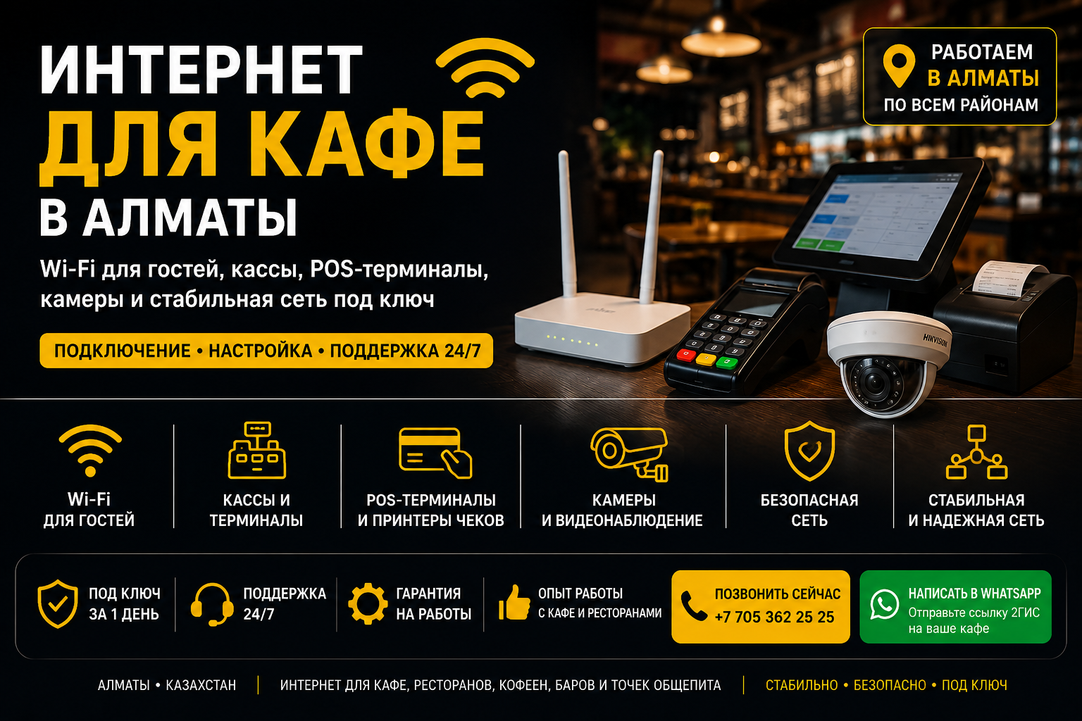 Подключение интернета для кафе в Алматы, Wi-Fi, кассы, POS-терминалы, камеры и настройка сети