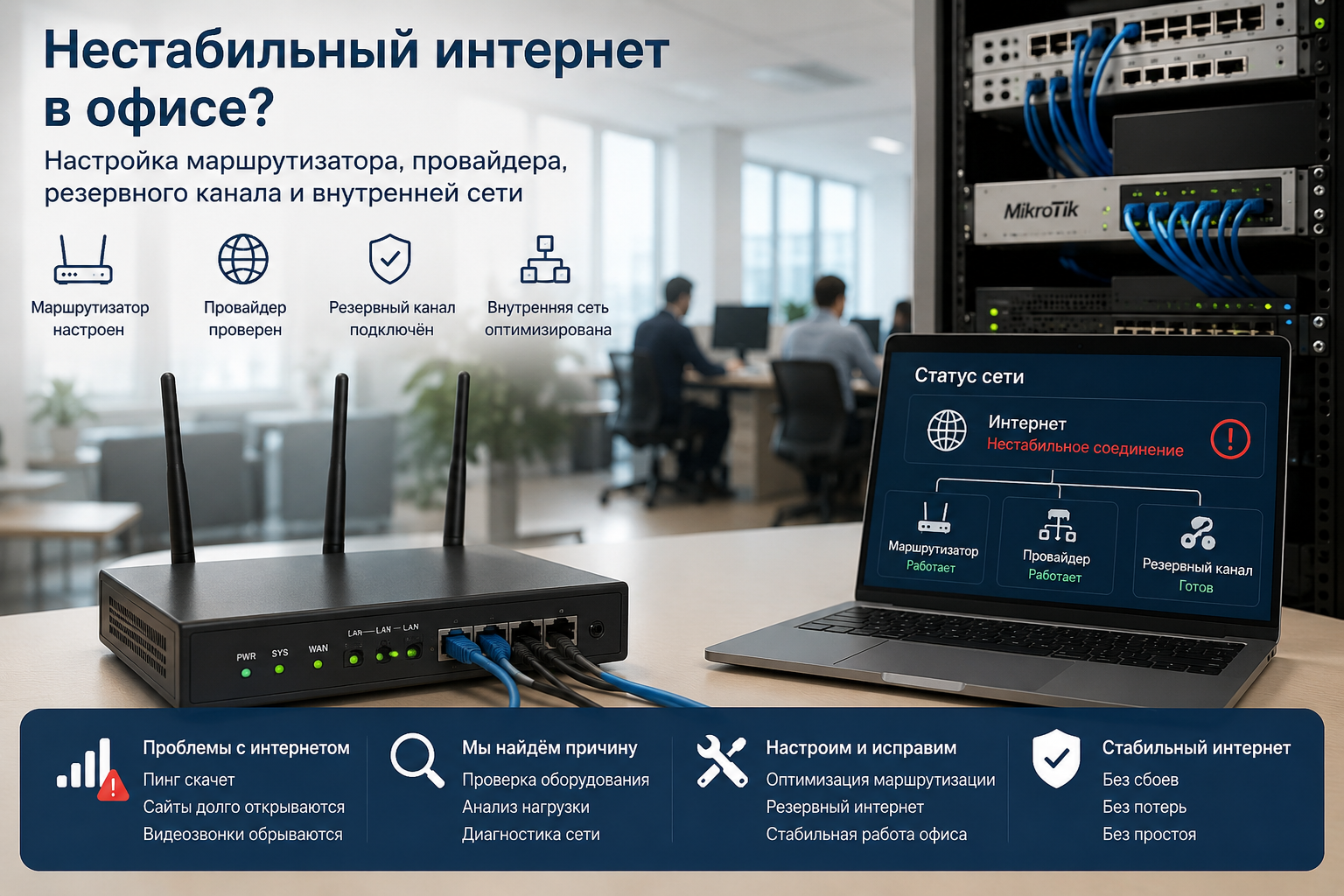 Нестабильный интернет в офисе — настройка маршрутизатора, провайдера, резервного канала и внутренней сети