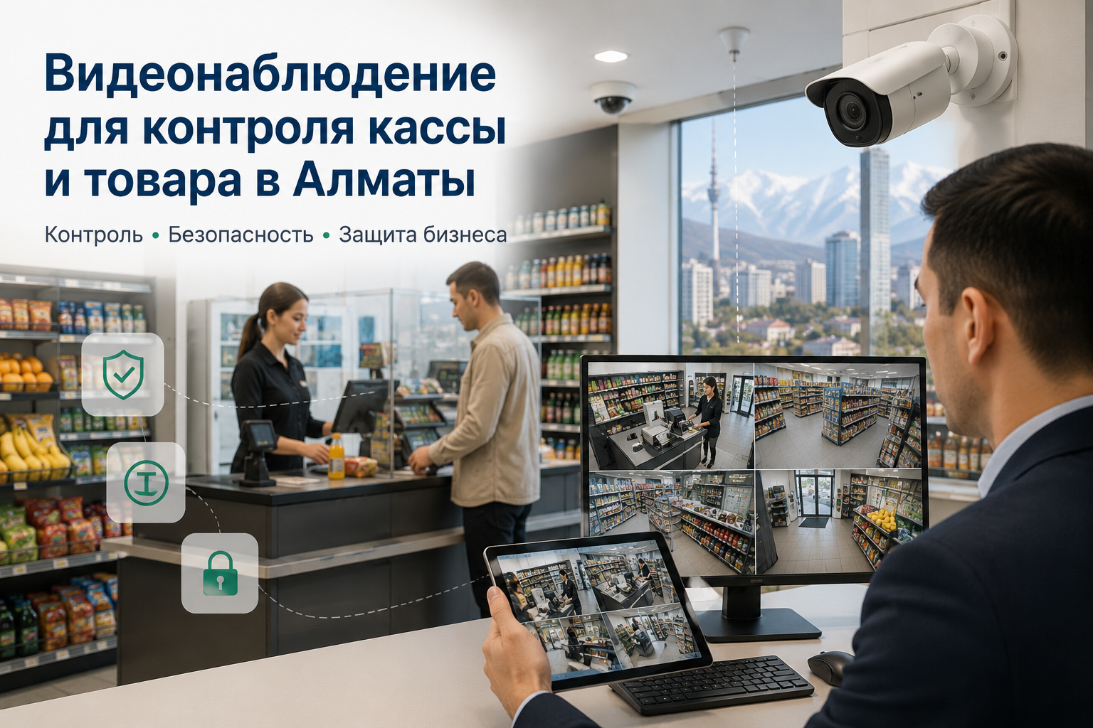 Контроль кассы и товара с помощью видеонаблюдения Видеонаблюдение для контроля кассы и товара в Алматы
