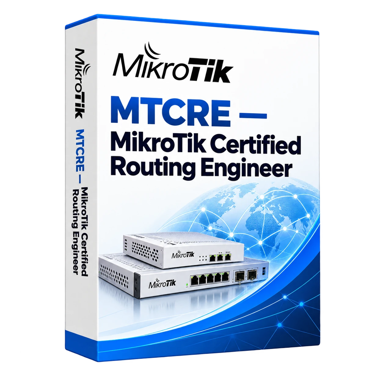 MTCRE — MikroTik Certified Routing Engineer — белая объёмная коробка продукта