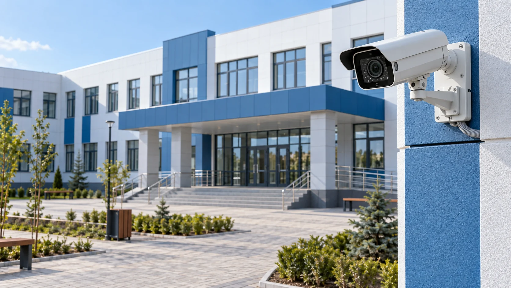 Уличная IP-камера у входа в школу для видеонаблюдения и подключения к ЦОУ